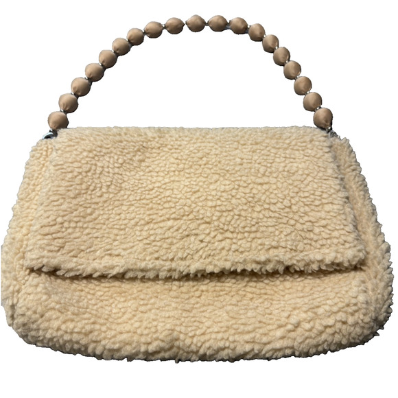 Samantha Pleet Sherpa Fleece Beaded Handle Shoulder Bag Cream Cozy Winter Clutch - Picture 1 of 10